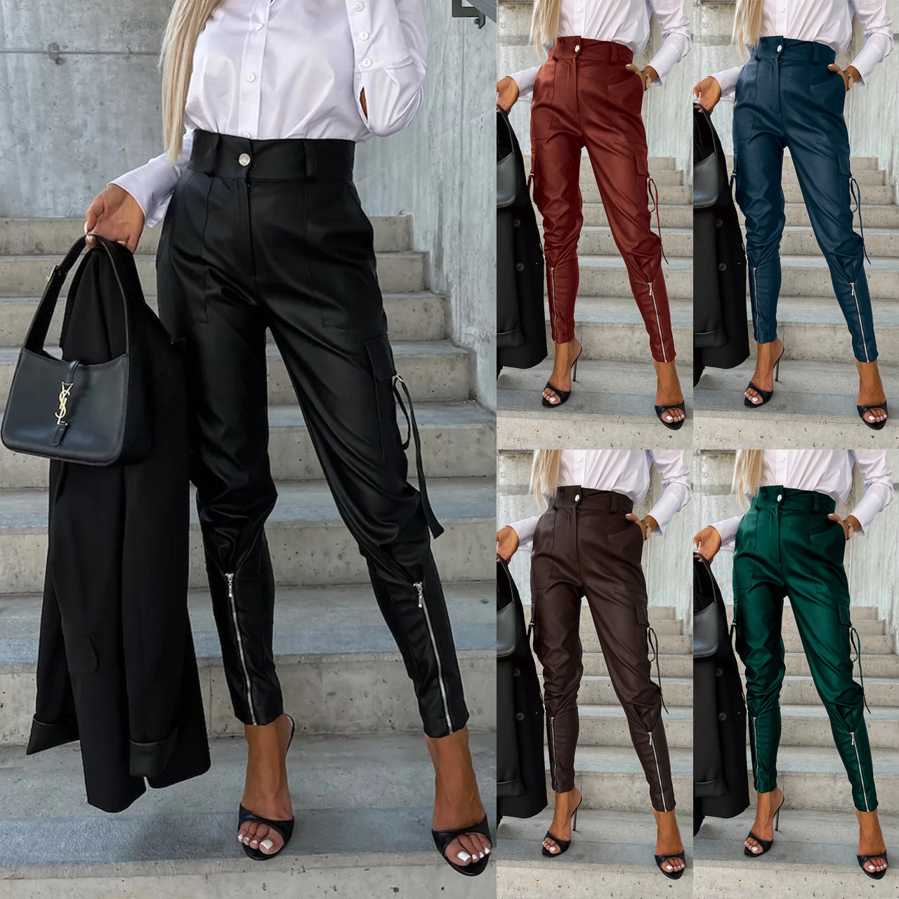 Slim-fitting Leather Trousers Women Waist-cinching Zipper Design Pants With Pockets