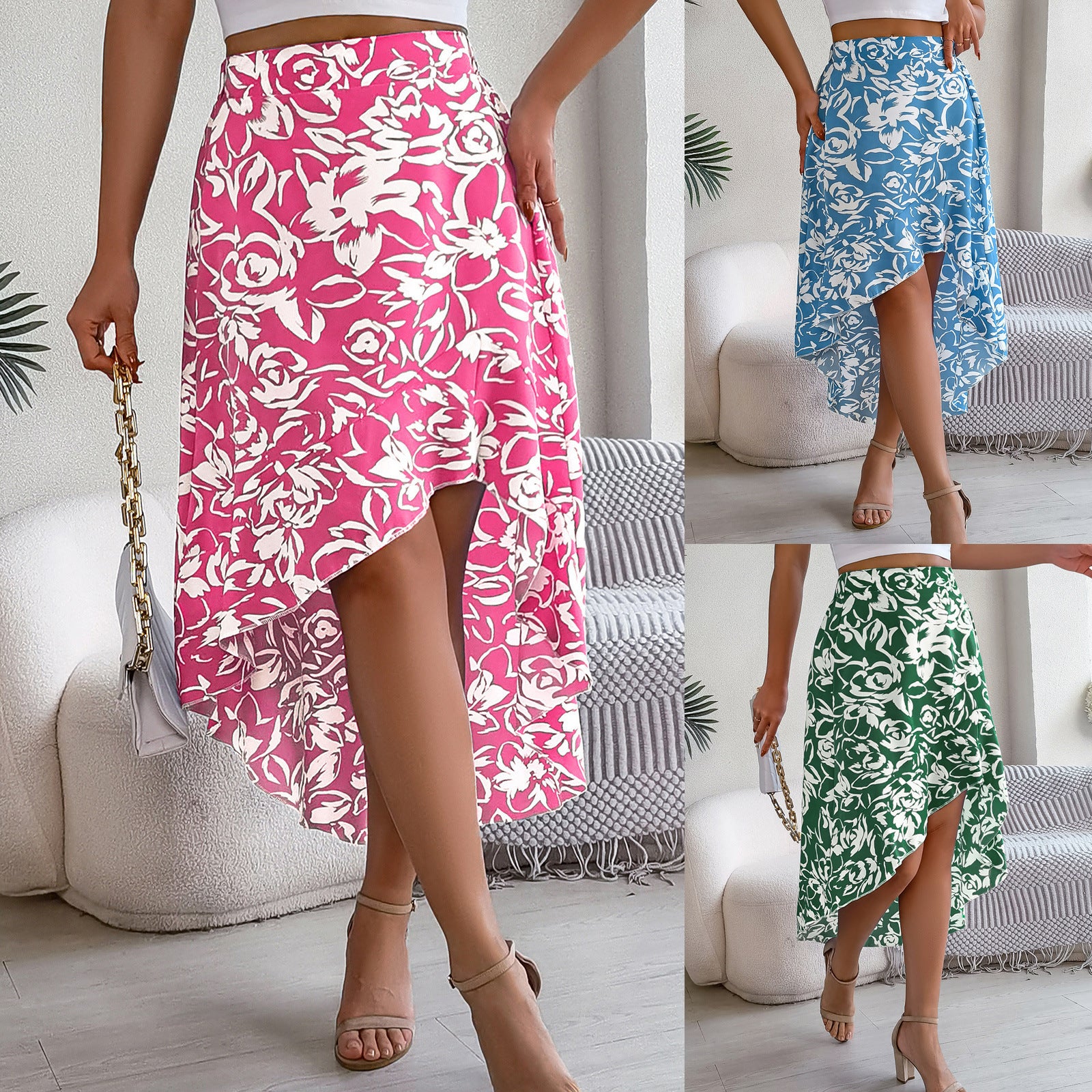 Summer Flower Ruffled Mid-length Irregular Skirt