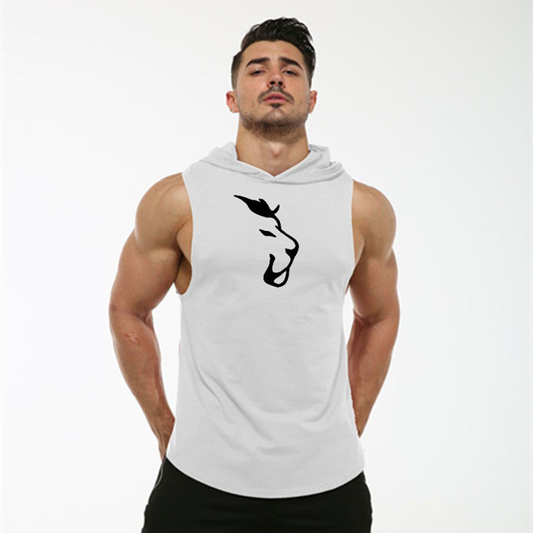 European And American Summer Hooded Curved Hem Elastic And Sweat-absorbing Wolf Head Printed Vest