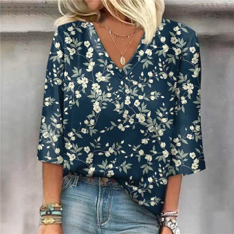 Fashion V-Neck Printed Casual Loose Top